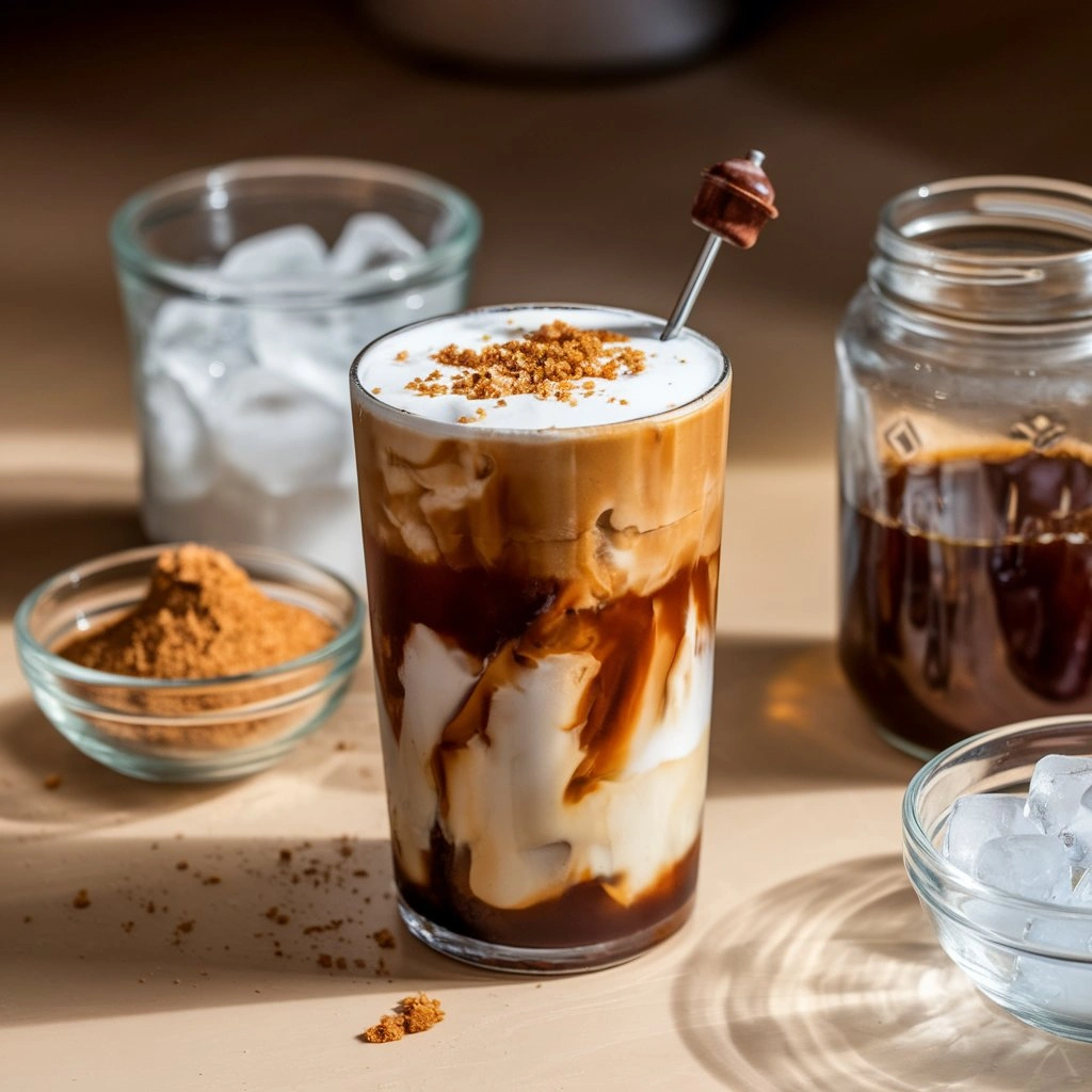 Close-up of a brown sugar iced coffee with layers of coffee, melted syrup, and ice, garnished with brown sugar and a stirrer, surrounded by ingredients.