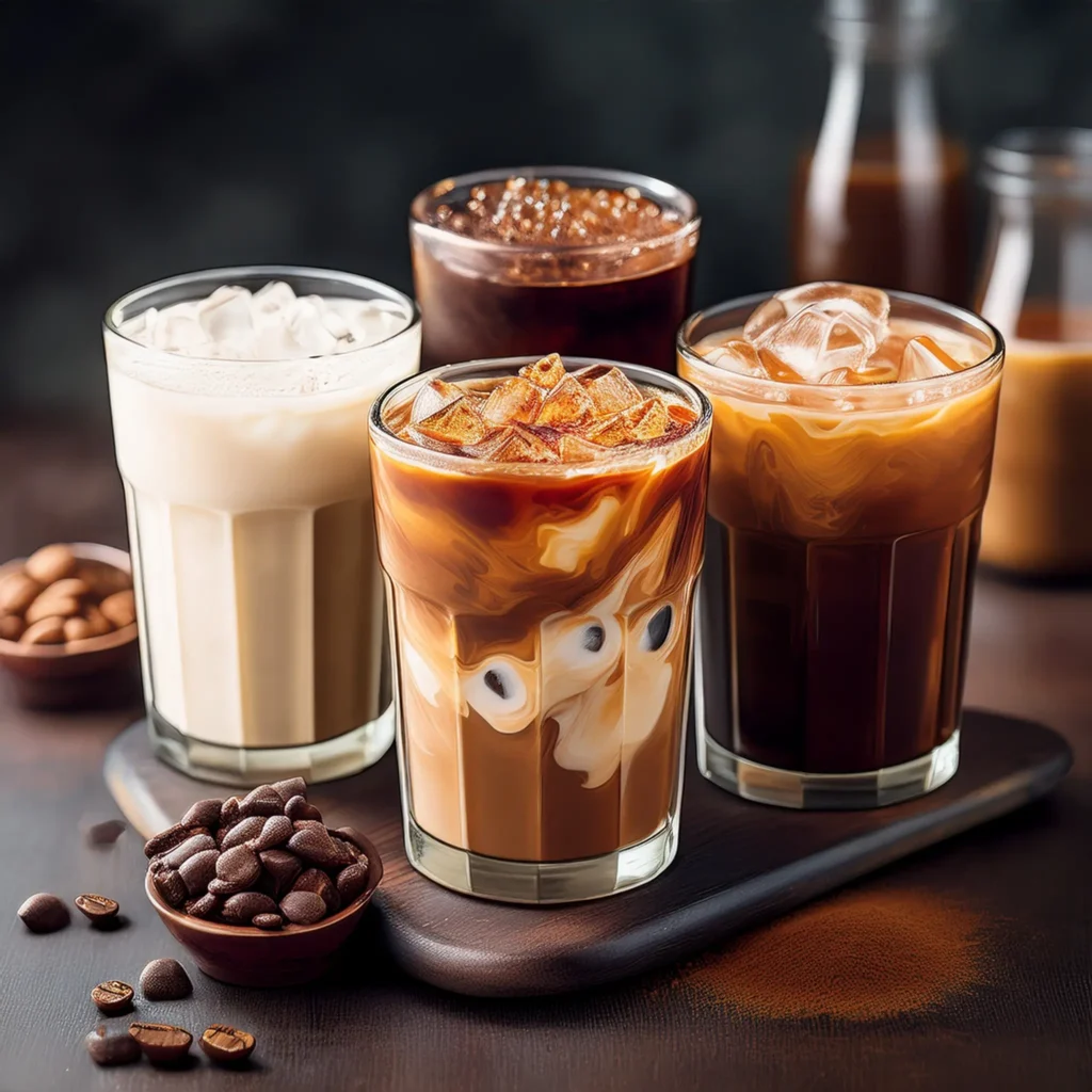 A cozy scene featuring three variations of brown sugar iced coffee: classic, vegan with almond milk, and mocha with chocolate syrup, surrounded by ingredients on a wooden table.