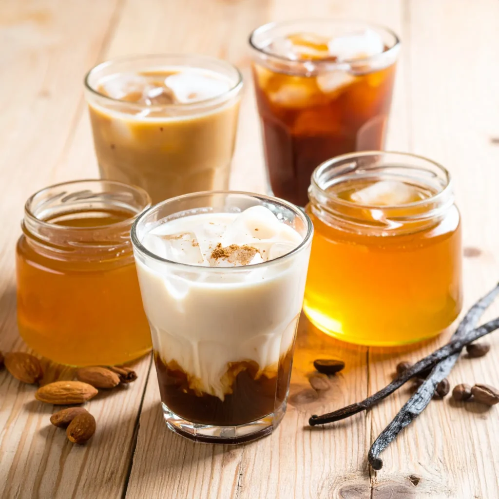 A vibrant display of flavored honey iced coffee variations: vanilla, cinnamon, and almond, with jars of flavored honey and flavoring ingredients, on a wooden table.