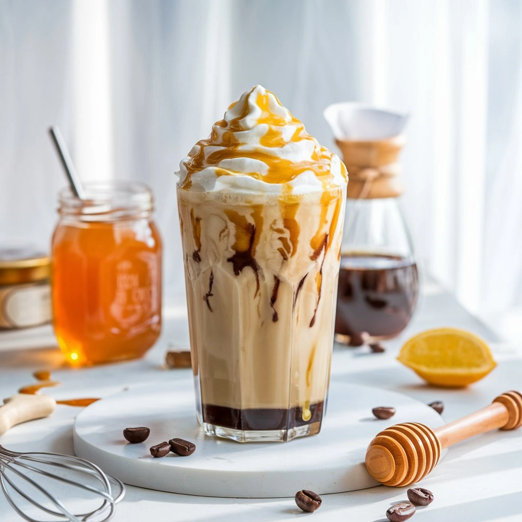 Whipped honey iced coffee in a tall glass with fluffy honey topping, drizzled honey, and coffee beans, surrounded by a jar of honey and whisk.