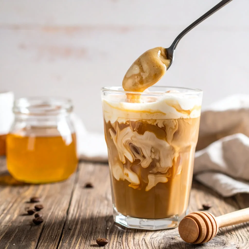 A tall glass of whipped honey iced coffee with a cloud-like topping, a spoon dipping into the drink, surrounded by honey jar, dipper, and coffee beans.