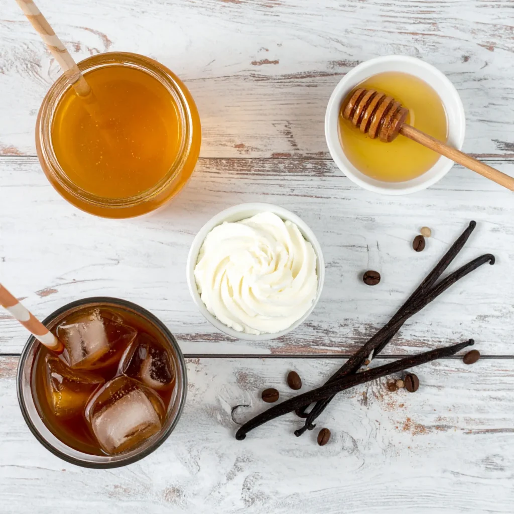 Elegant flat lay of whipped honey iced coffee ingredients: jar of honey, whipped cream, iced coffee, coffee beans, cinnamon, and vanilla pod on a rustic wooden table.