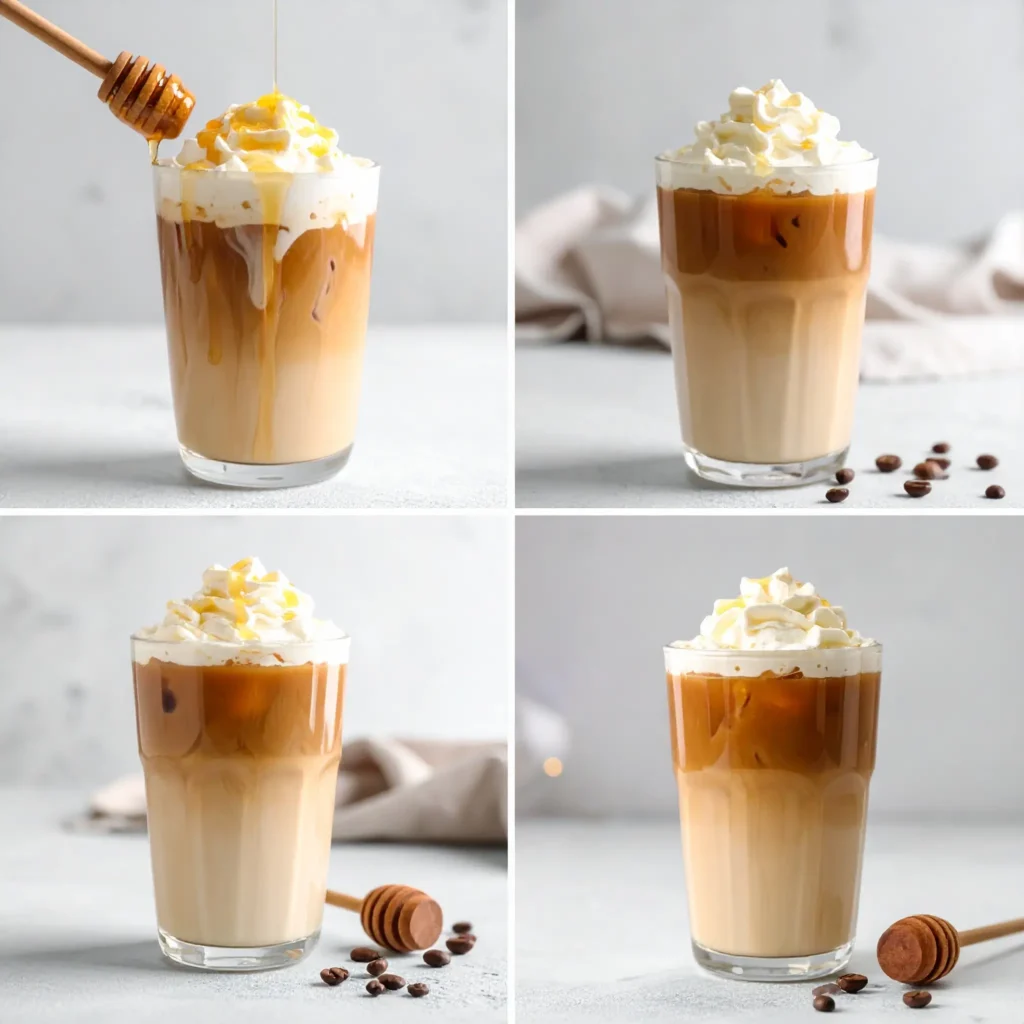 Step-by-step visual of making whipped honey iced coffee: whisking honey into cream, pouring iced coffee, topping with whipped honey, and drizzling honey, with coffee beans and honey dipper.