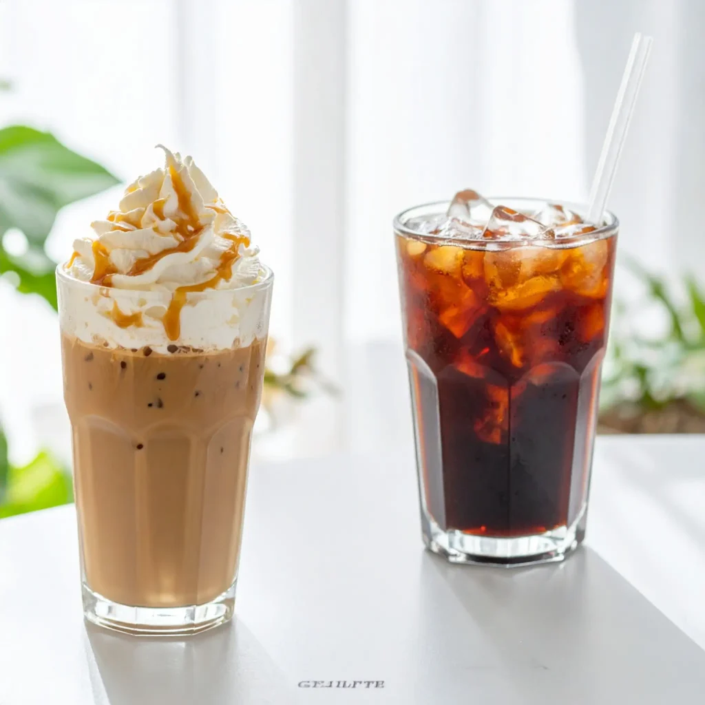 A comparison of whipped iced coffee and classic iced coffee, showing the difference in texture and presentation with whipped cream or honey topping on one side.