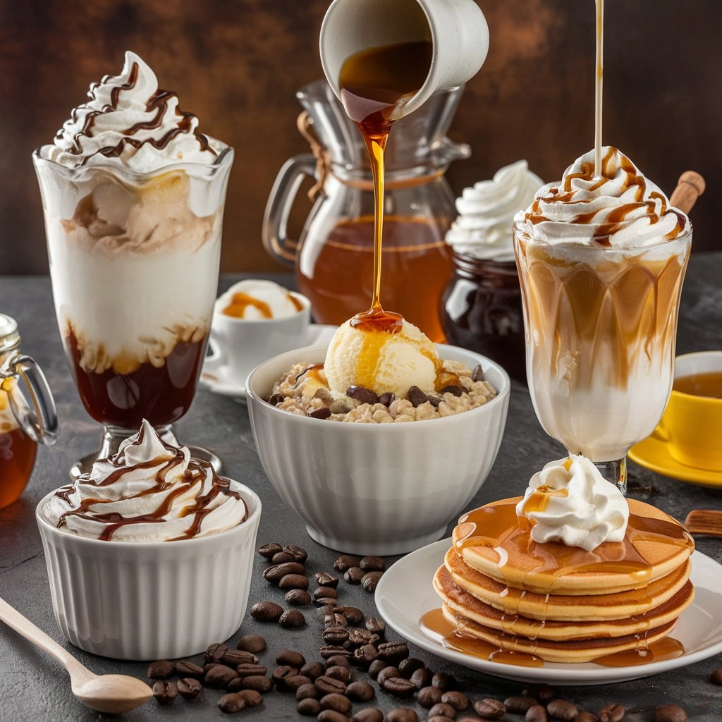 Creative scene showcasing different ways to use whipped honey coffee: coffee float, oatmeal, pancakes, and coffee dessert, with coffee beans, honey, and whipped cream.