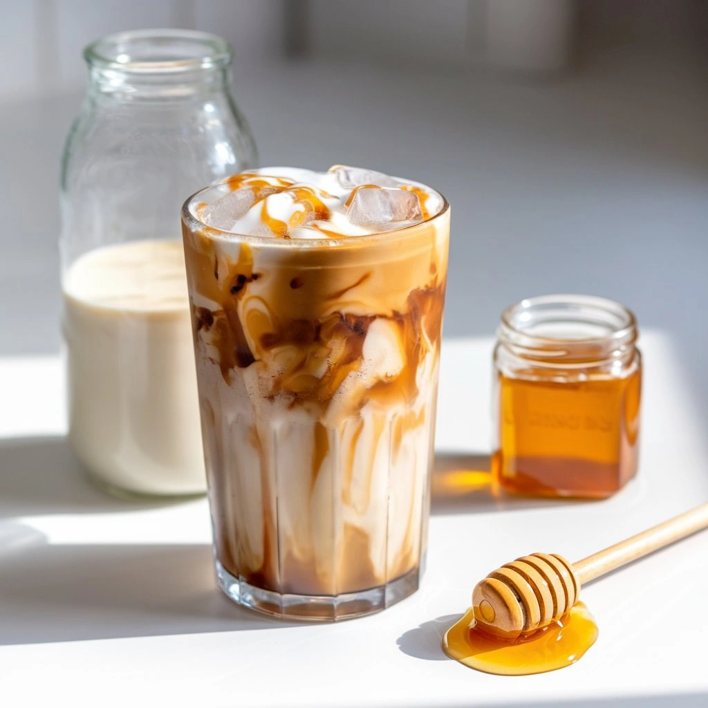 Honey iced coffee with milk and honey swirl in a tall glass, served in a bright kitchen.