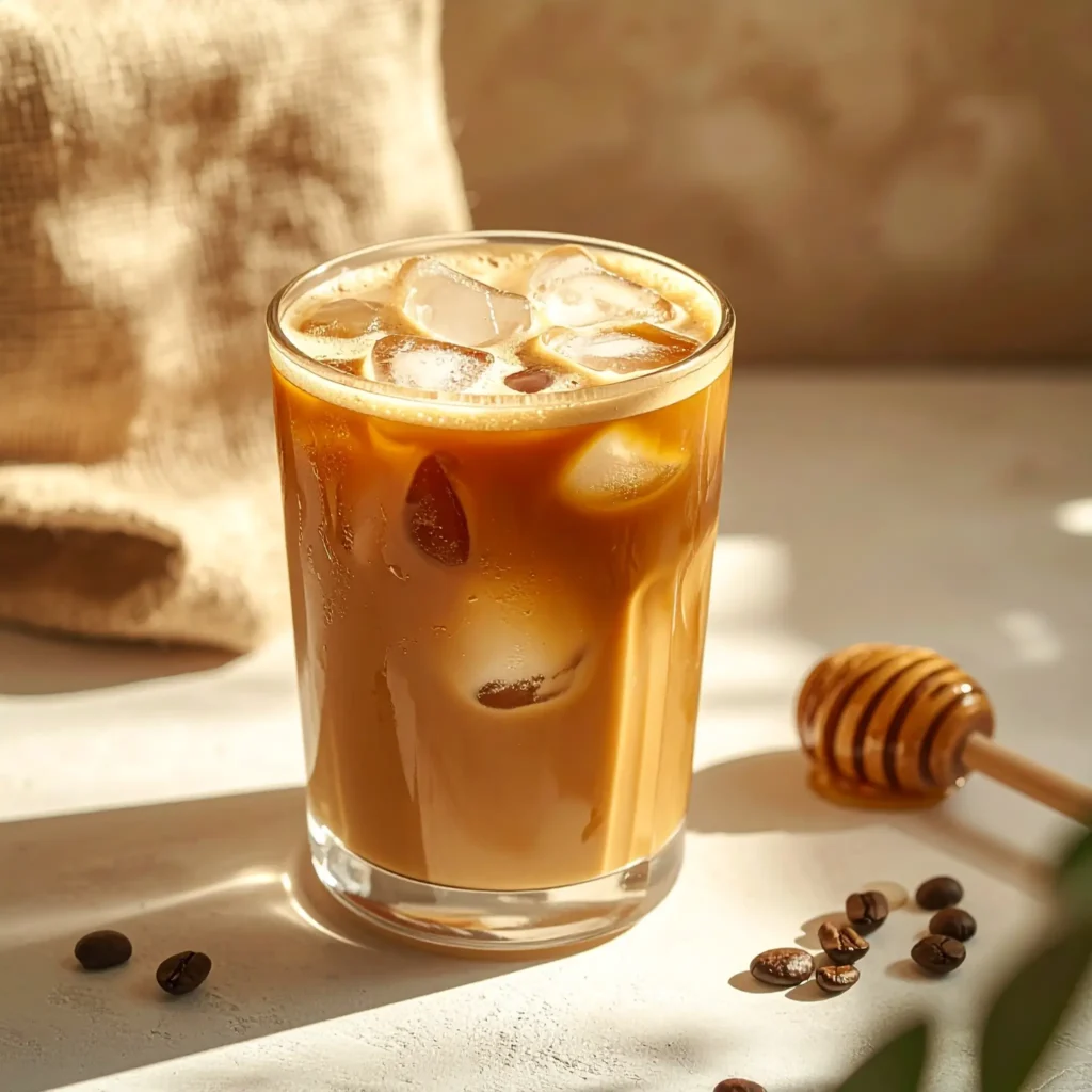 Honey iced coffee with cold foam, honey dipper, and coffee bean bag in soft morning light.