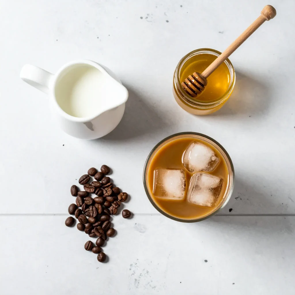 Flat lay of ingredients for honey iced coffee, including iced coffee, honey jar, coffee beans, cold milk, and ice cubes.