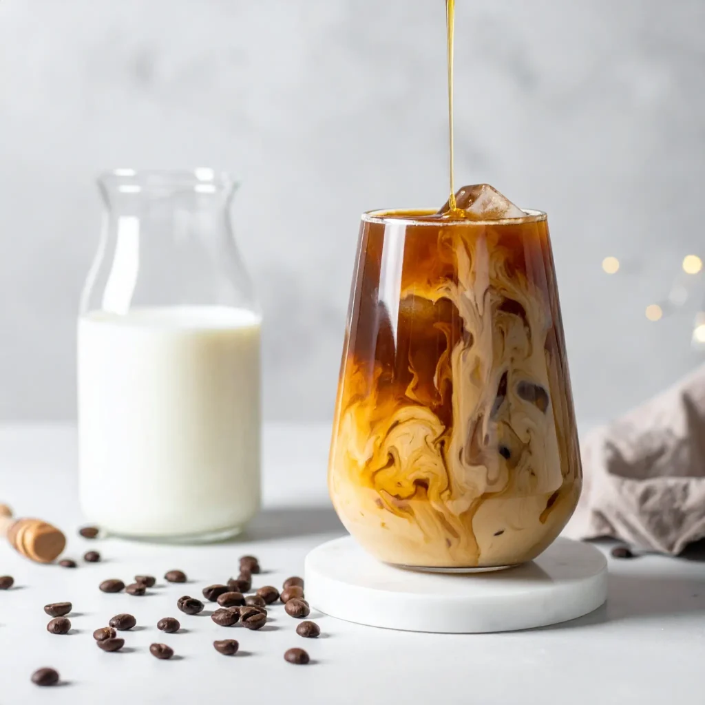 Step-by-step aesthetic layout showing honey iced coffee being stirred, milk poured over ice, and scattered coffee beans.