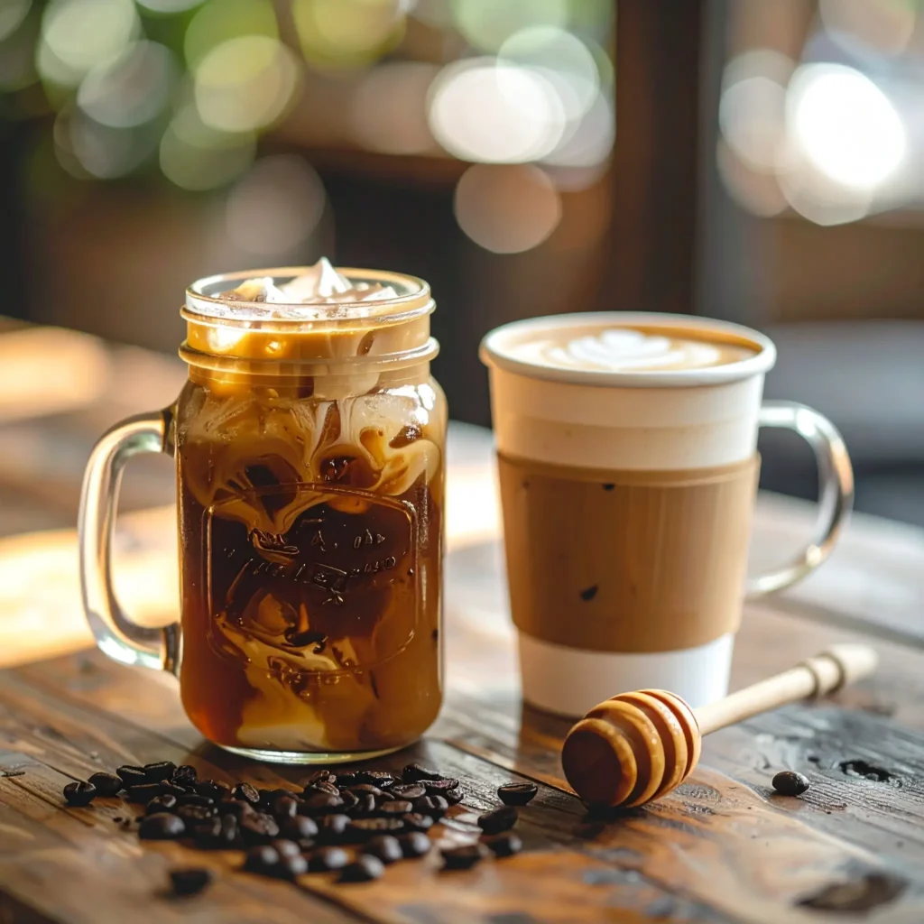 Side-by-side comparison of homemade honey iced coffee in a mason jar and Starbucks iced coffee on a wooden table.