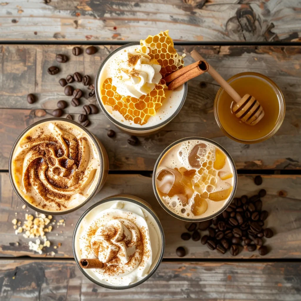 Flat lay of honey-based iced coffee drinks with different garnishes, including whipped honey foam, honeycomb, cinnamon stick, and creamy swirl.