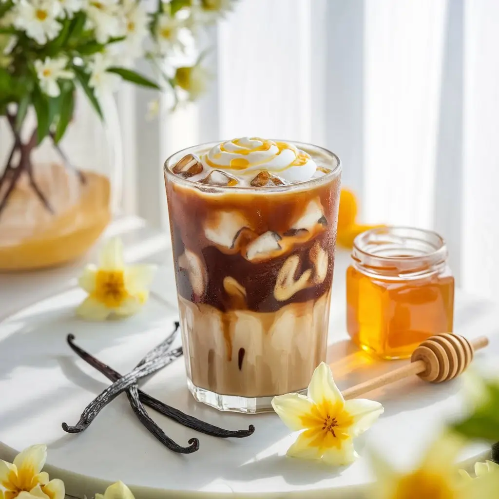 Honey vanilla iced coffee with ice cubes, creamy swirls, and honey drizzle, surrounded by vanilla pods and a honey jar.