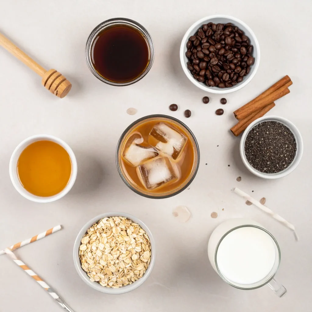 Flat lay of iced coffee customization ingredients, including almond milk, oat milk, soy milk, honey, vanilla syrup, cinnamon sticks, and coffee beans.