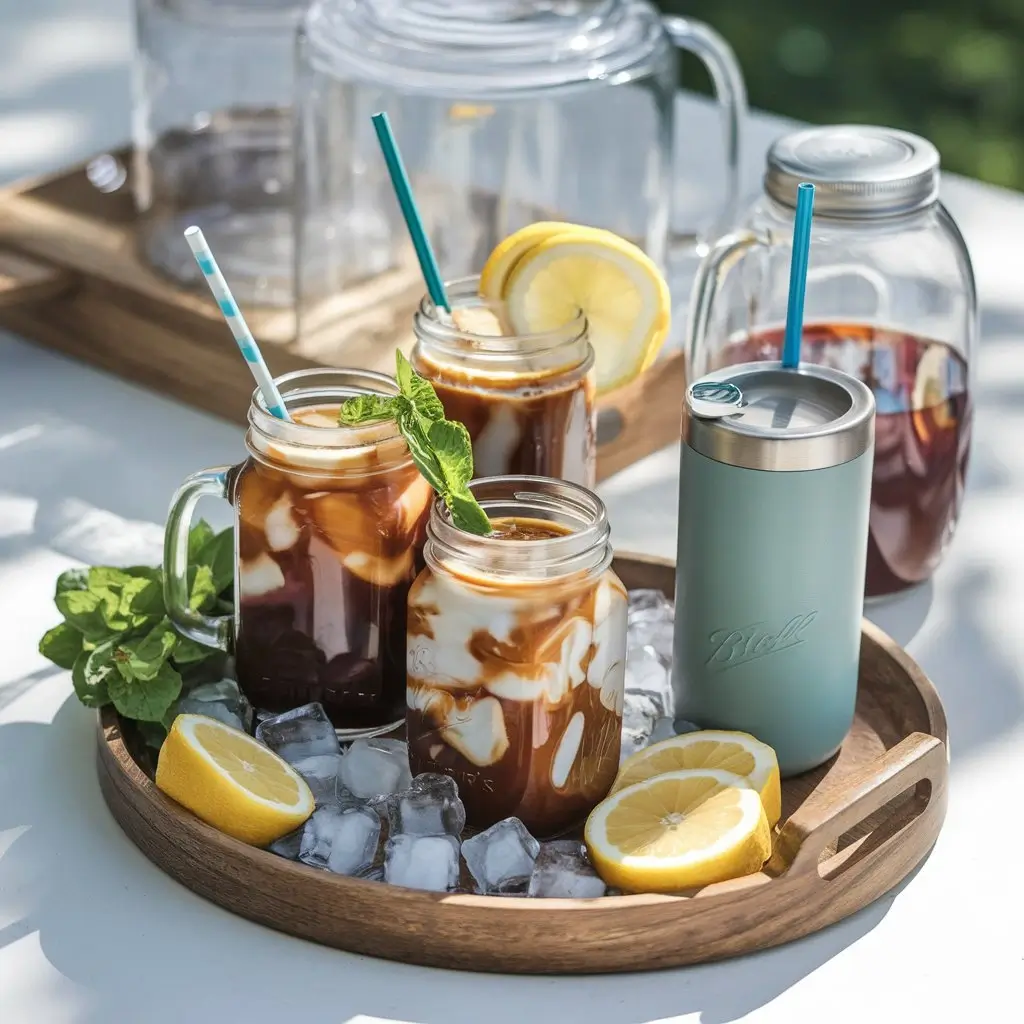 Iced coffee in mason jars and reusable tumblers with ice cubes, straws, and summer garnishes like mint and lemon slices on a wooden tray.