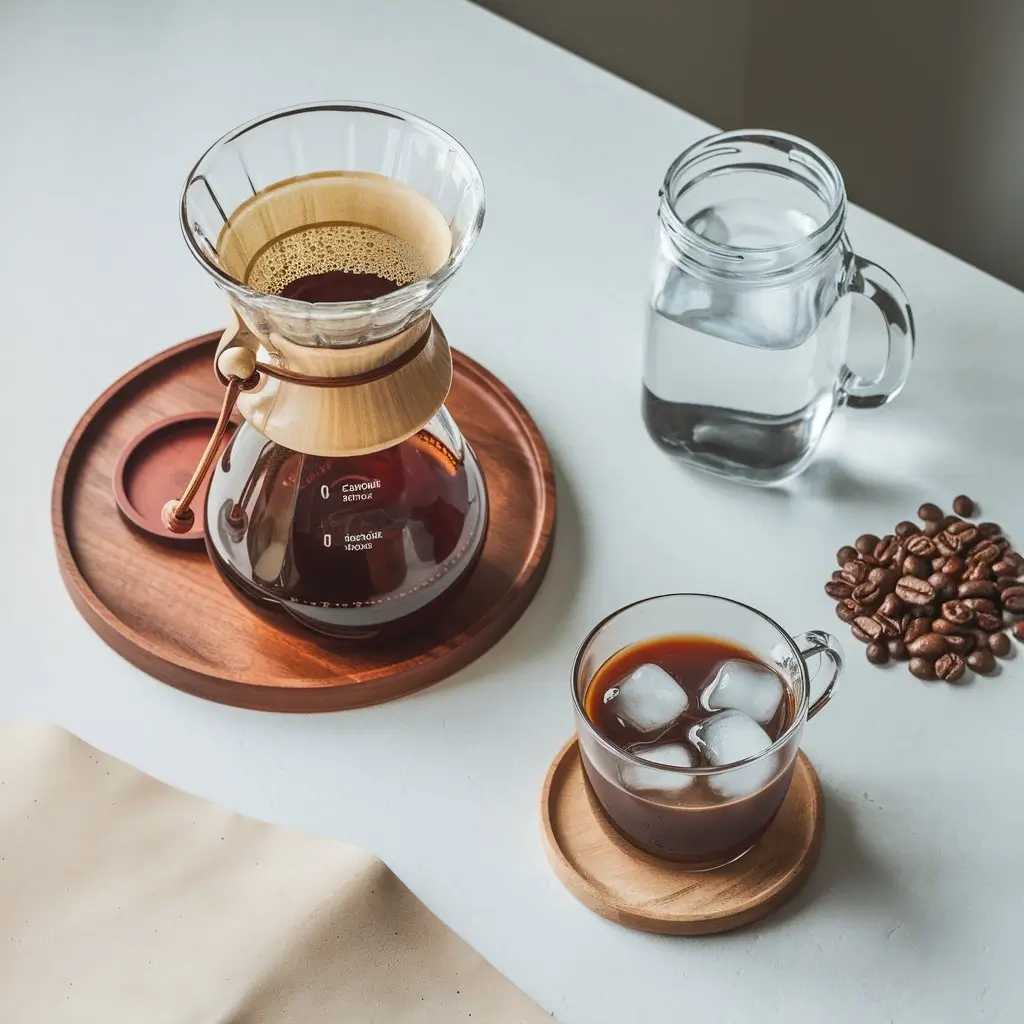 Flat lay of ice drip coffee brewing setup with glass maker, coffee beans, water jar, and slow-drip mechanism on a wooden tray.