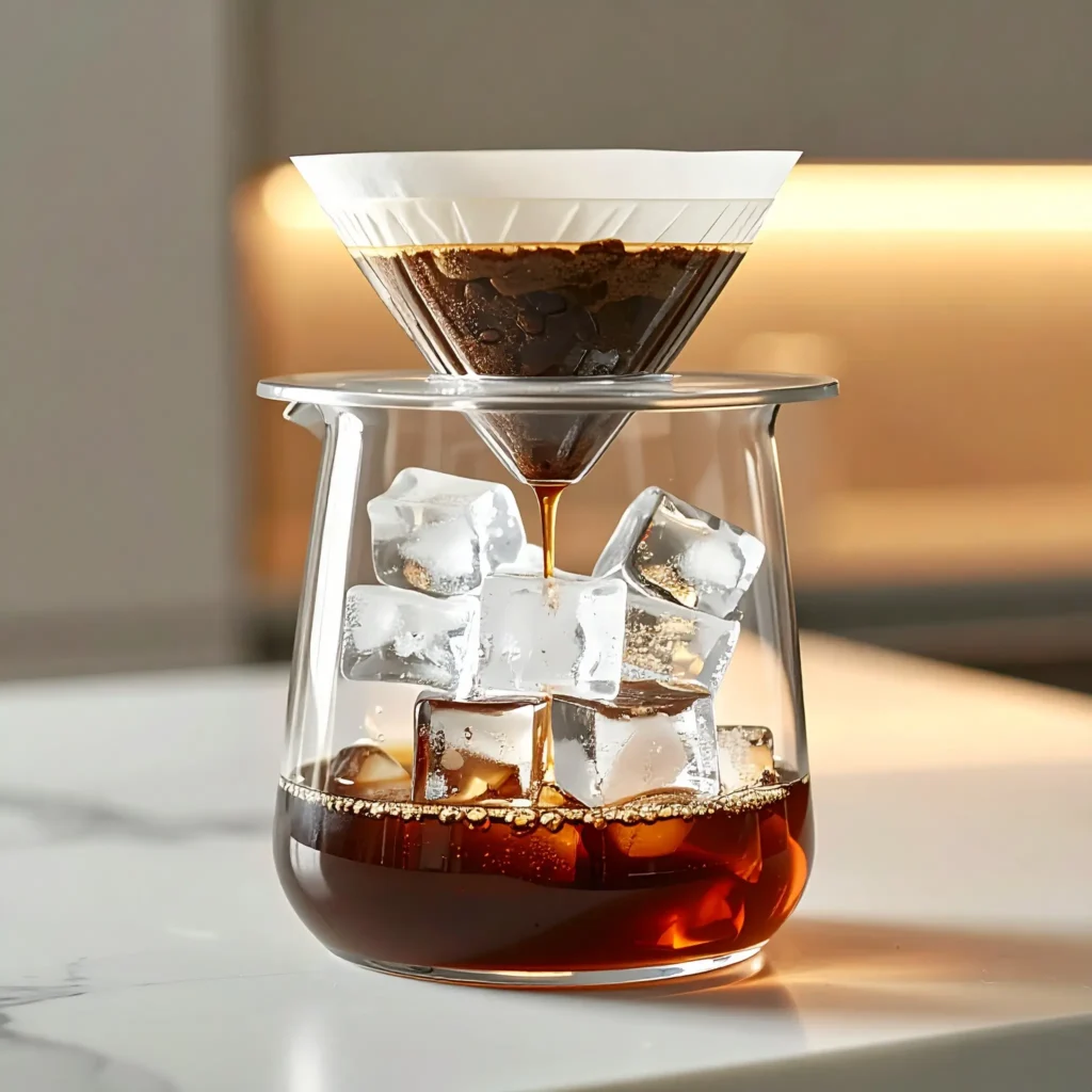 Close-up of ice drip coffee system with melting ice cubes, drip coffee filter, and freshly ground coffee beans.