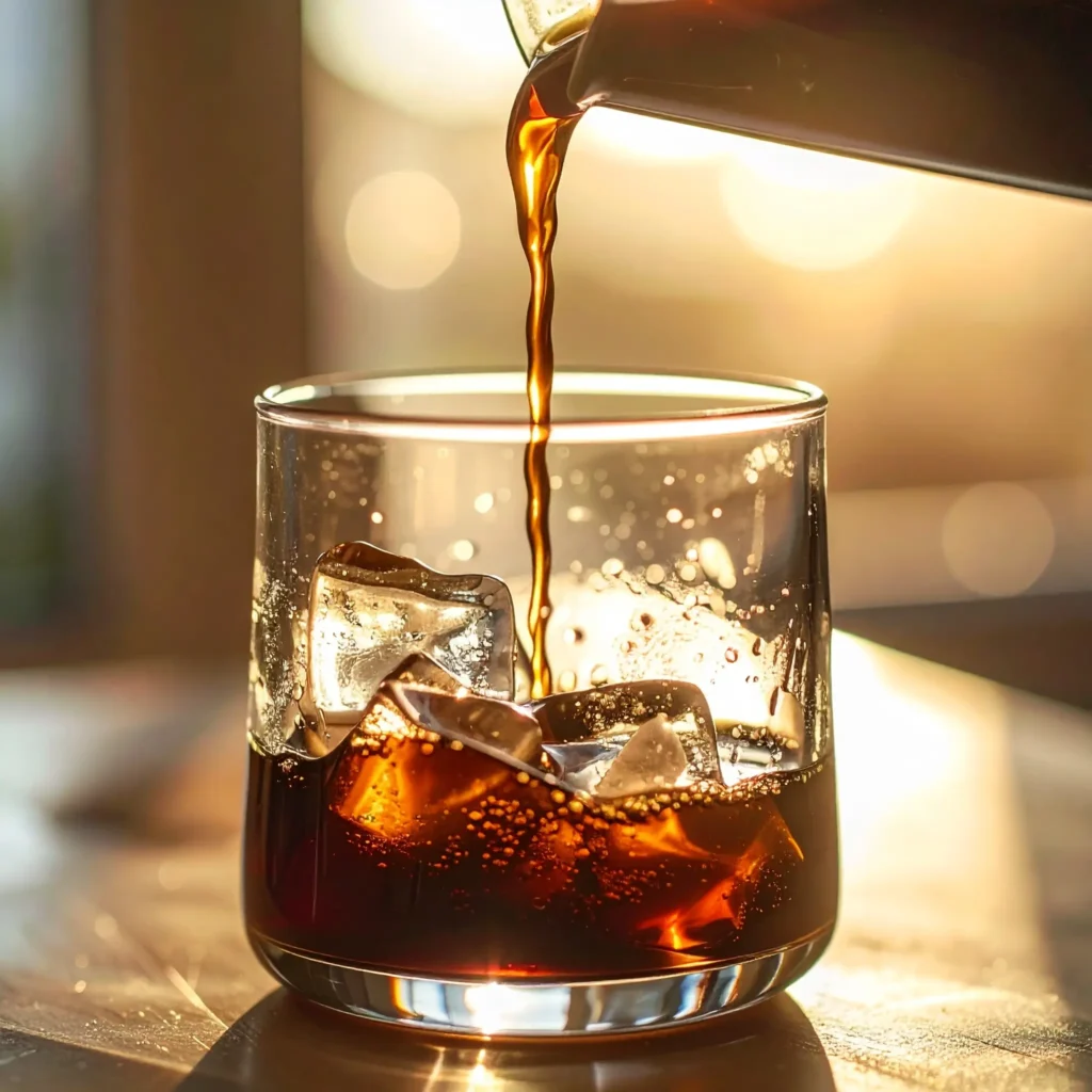 Slow-motion shot of ice melting and coffee dripping into a clear glass container, creating rich dark coffee.