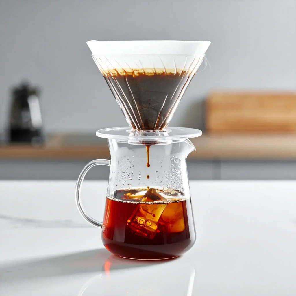 Step-by-step visual of ice drip coffee brewing, with ice melting and coffee dripping into a clear glass container.