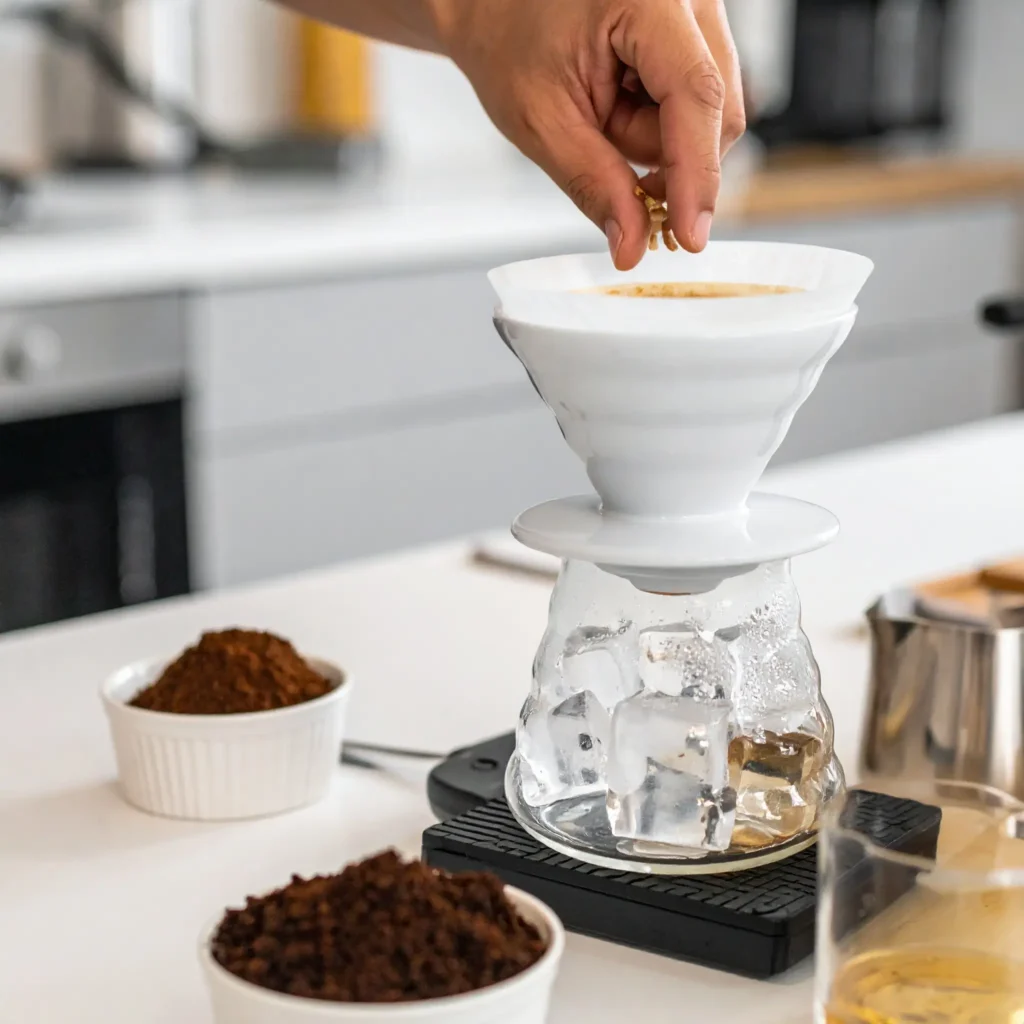 Close-up of a barista preparing ice drip coffee, showcasing slow-drip process, ice cubes, and freshly ground coffee.