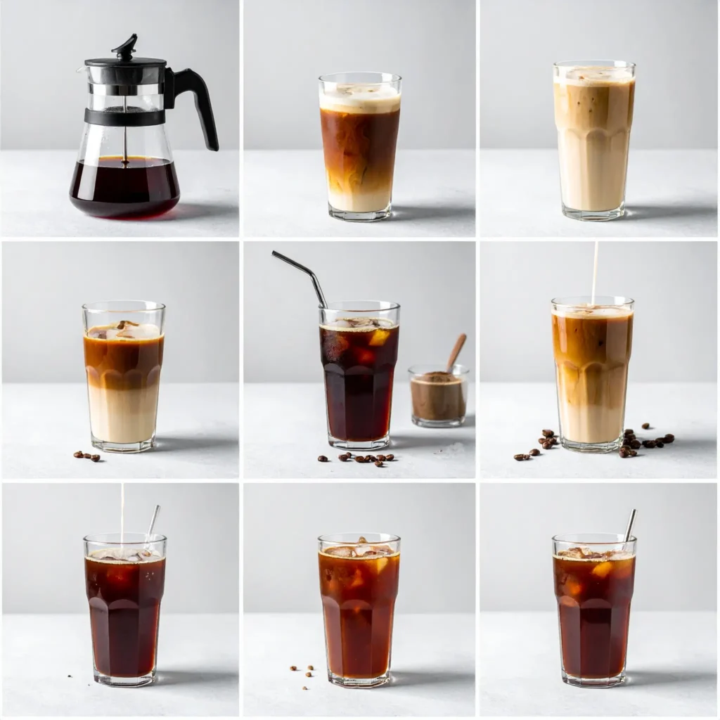 Side-by-side comparison of ice drip coffee, cold brew, and iced coffee with close-ups of brewing processes and coffee cups.