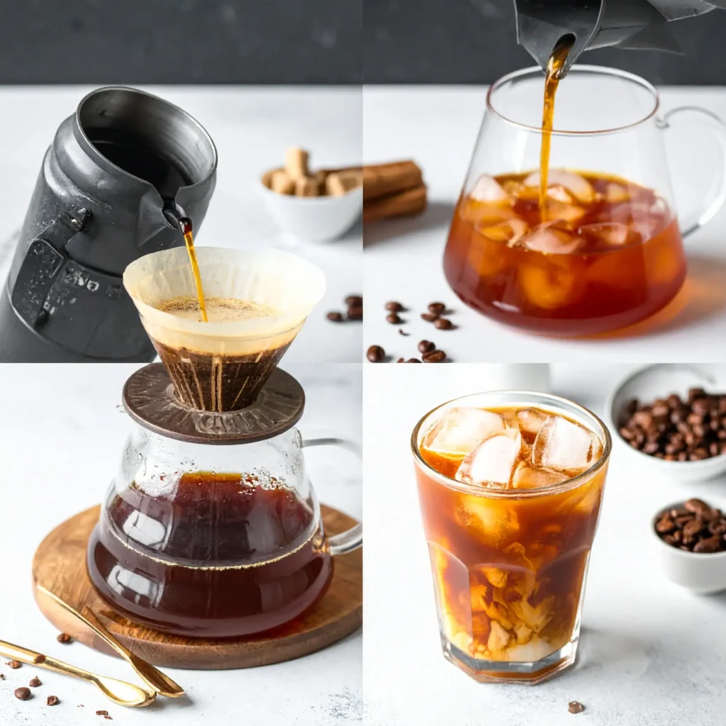 Step-by-step guide on making Flash Brew Iced Coffee with Hario V60, showcasing pour-over process, coffee grounds, ice-filled glass, and vibrant final brew.