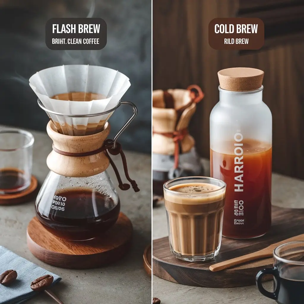 Comparison of Hario Flash Brew and Cold Brew methods, showcasing brewing process, equipment, and coffee flavor profiles.