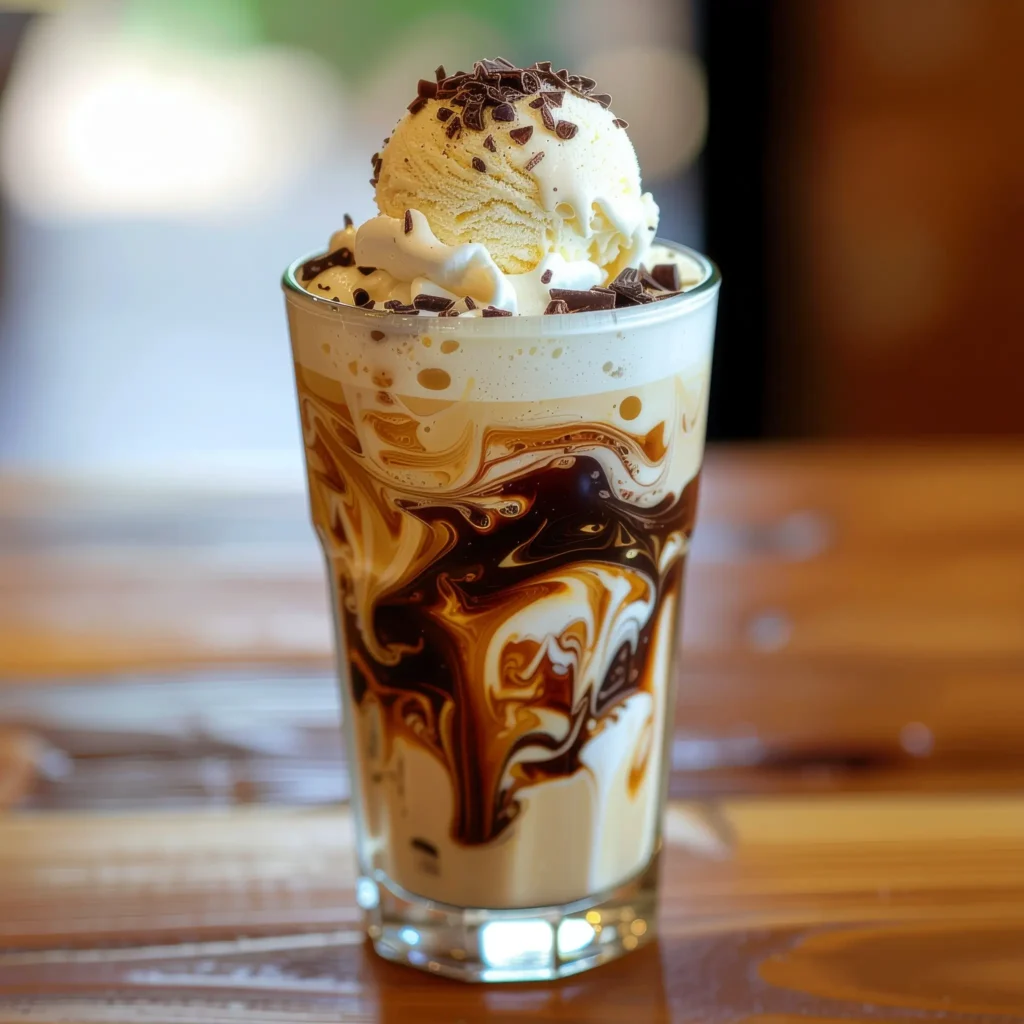 Glass of Aussie iced coffee with vanilla ice cream, whipped cream, and chocolate shavings on a wooden table.