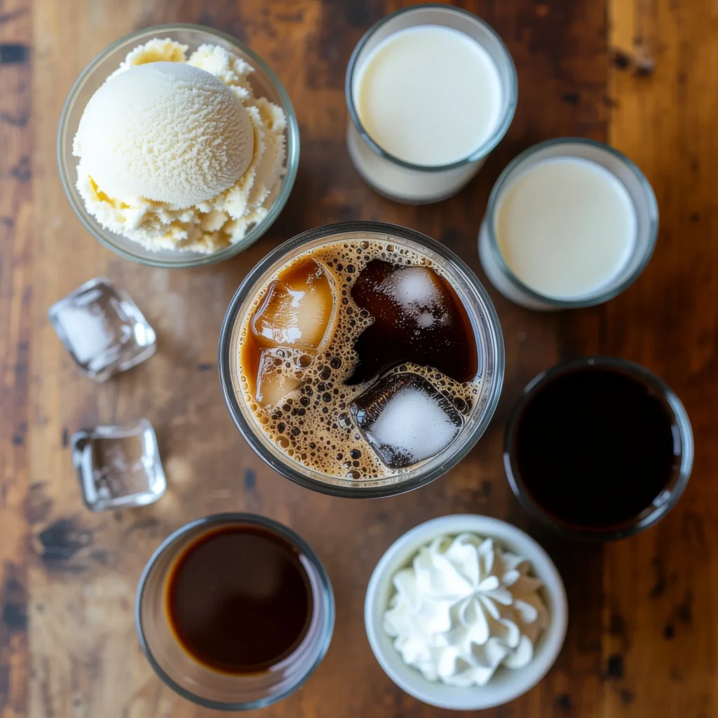 Flat lay of Aussie iced coffee ingredients—vanilla ice cream, espresso, milk, whipped cream, chocolate syrup, and ice cubes on a rustic kitchen counter.