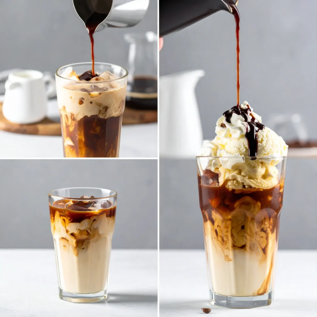 Step-by-step collage of Aussie iced coffee preparation.