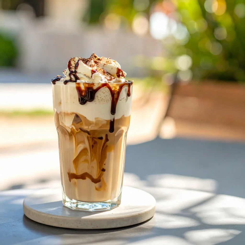 Glass of Aussie iced coffee with creamy layers, espresso, vanilla ice cream, whipped cream, and chocolate syrup on a sunny outdoor table.