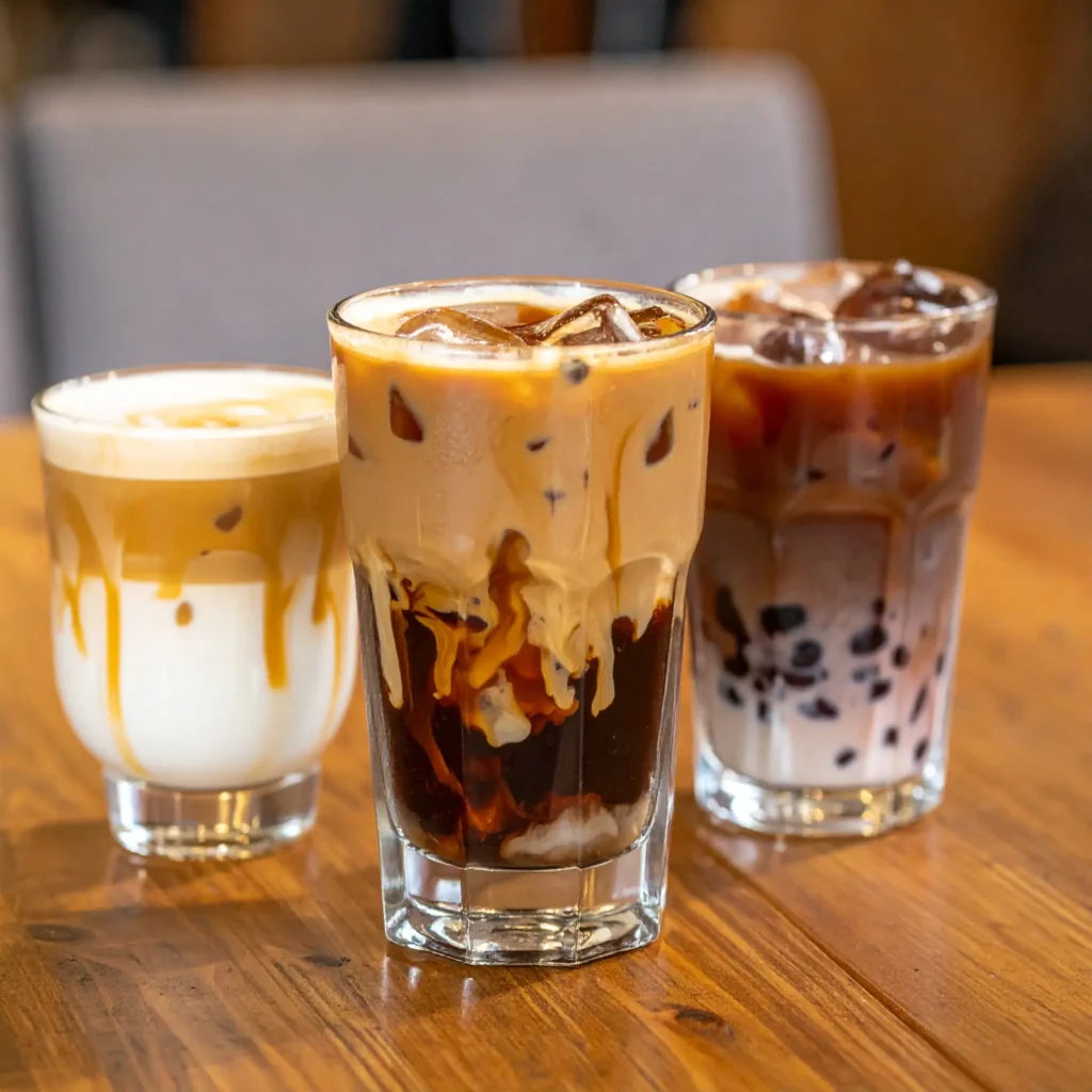 A collection of Aussie iced coffee variations with caramel drizzle, chocolate chips, almond milk, and berries on a wooden table.