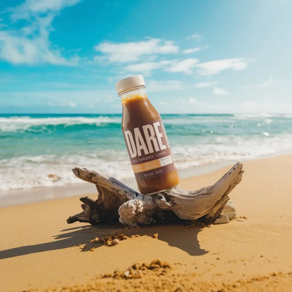 Realistic bottle of Dare Iced Coffee on an Australian beach with vibrant colors and cinematic lighting.
