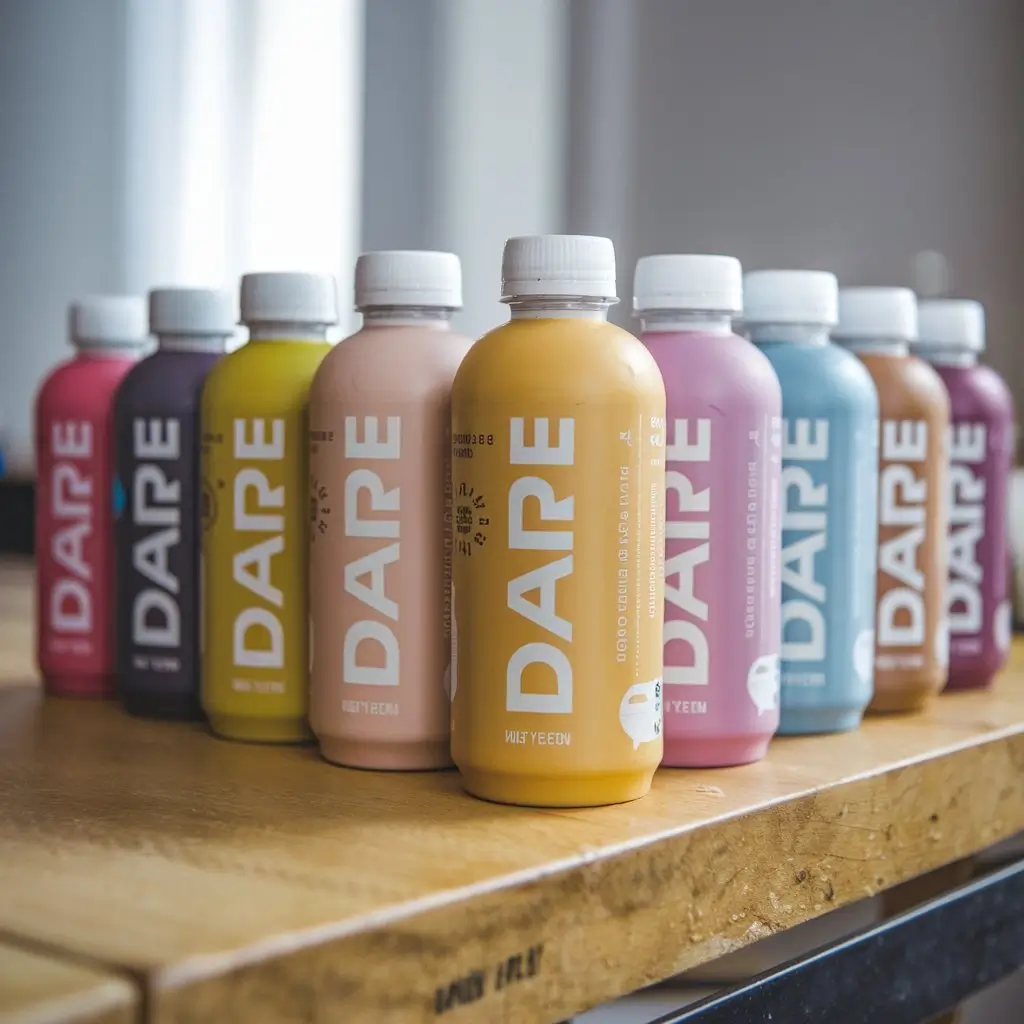 Multiple Dare Iced Coffee bottles in different flavors lined up on a wooden table with colorful labels.