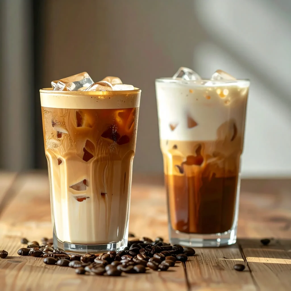Close-up of iced latte and iced macchiato side by side on a wooden table, showing layers and textures with coffee beans scattered.