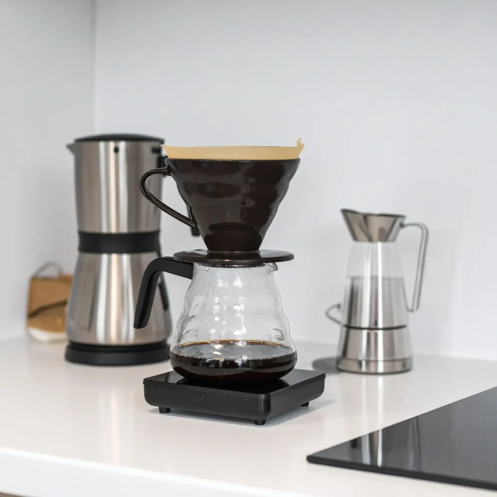Coffee brewing equipment including an AeroPress, grinder, and glass of iced coffee on a clean kitchen counter with warm lighting.