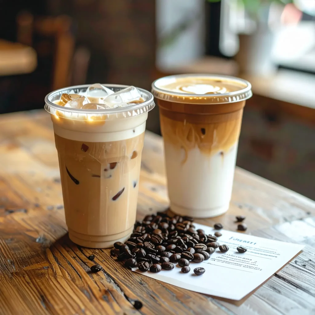 Two coffee cups, one iced latte and one iced macchiato, on a café table with tasting notes and fresh coffee beans scattered.