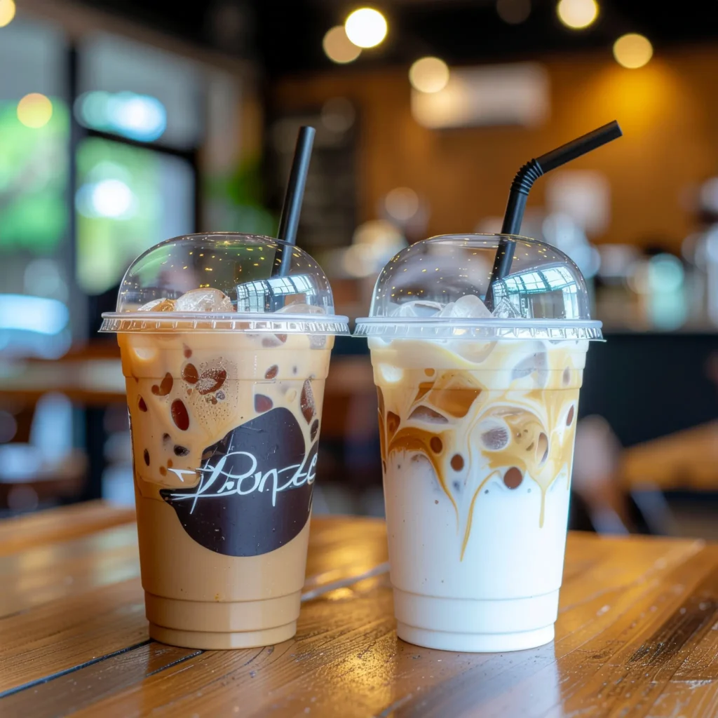 Iced latte and iced macchiato in Starbucks-style cups on a café table, with vibrant branding and a modern coffee shop ambiance.