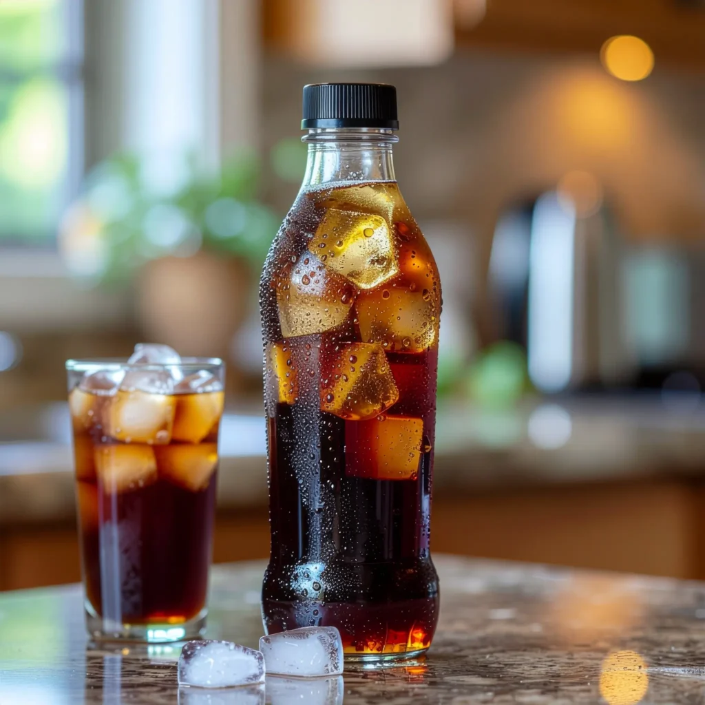 Prairie Farms Iced Coffee bottle on a kitchen counter with ice cubes and a glass of iced coffee, vibrant colors, bold and refreshing vibe.
