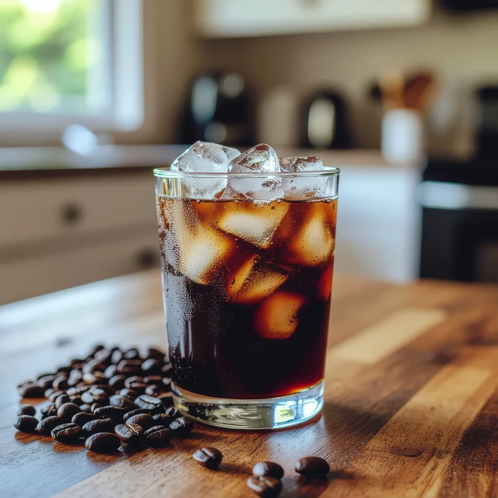Simple glass of iced coffee made with Prairie Farms Iced Coffee, ice cubes, coffee beans scattered on the table, cozy kitchen vibe.