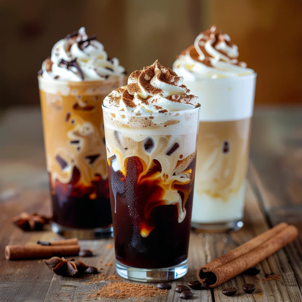 Creative iced coffee drinks made with Prairie Farms Iced Coffee, garnished with whipped cream, spices, and unique toppings, vibrant and colorful, styled on a wooden table with warm lighting.