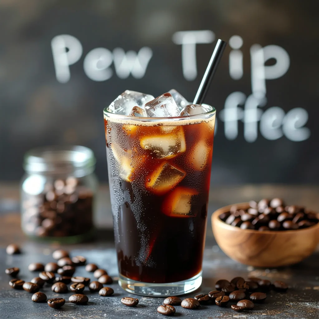 Close-up of a perfectly made iced coffee with Prairie Farms Iced Coffee, ice cubes, coffee beans, and a stirring spoon, with tips written in chalk on a board in the background, fresh and clean aesthetic, soft lighting.