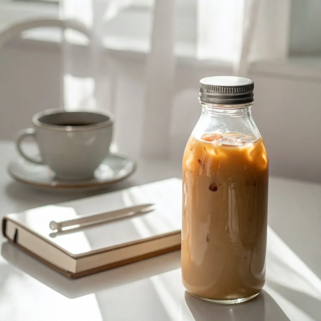 Prairie Farms Iced Coffee bottle next to a daily routine setup, including a coffee cup, notebook, and morning sunlight, cozy and inviting atmosphere, soft natural light.
