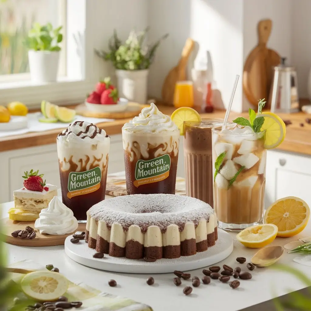 Green Mountain Iced Coffee with iced drinks, desserts, and smoothies, cozy kitchen, bright natural light.