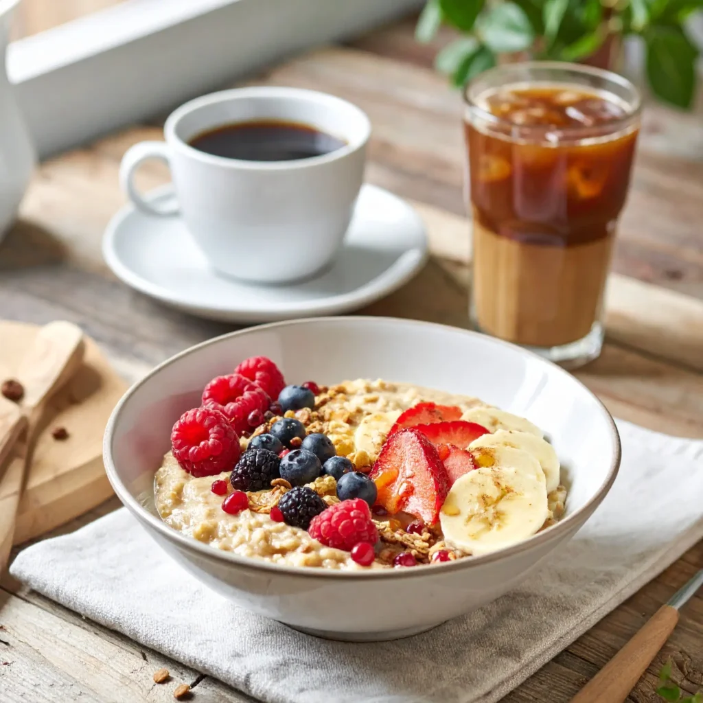 Coffee oats with berries, bananas, honey, granola, and iced coffee on a rustic kitchen table, warm light.