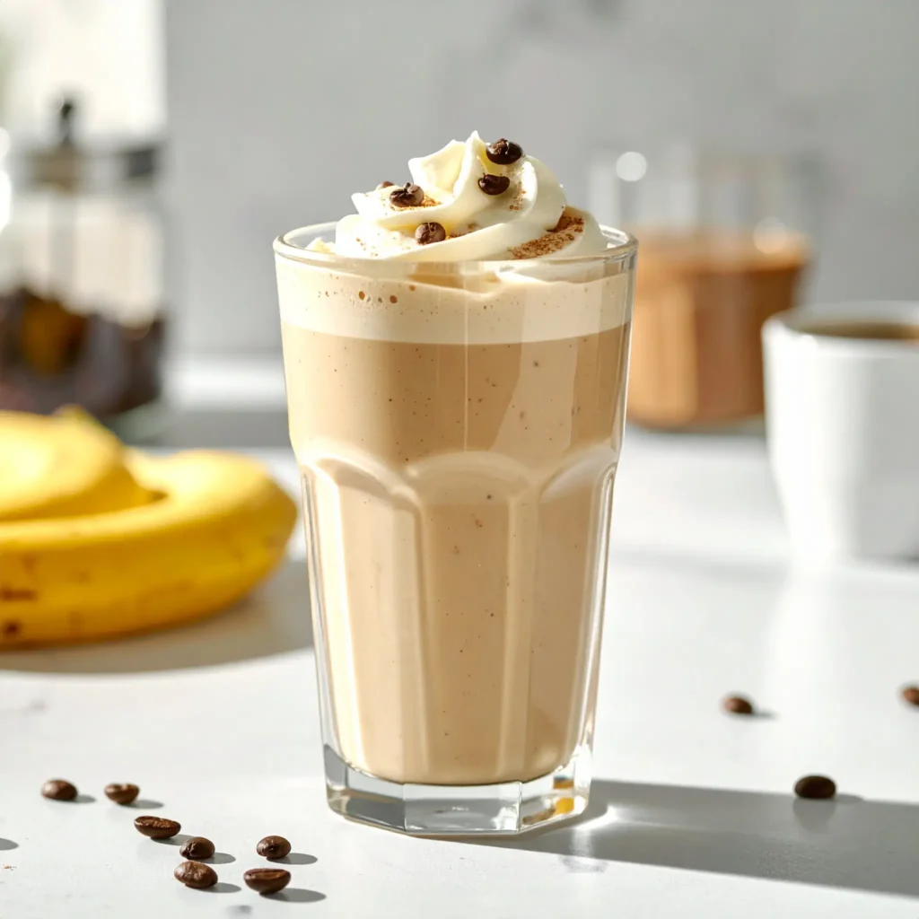 Creamy coffee smoothie in a clear glass with whipped cream and coffee beans, banana and coffee in the background, sunny kitchen vibe.