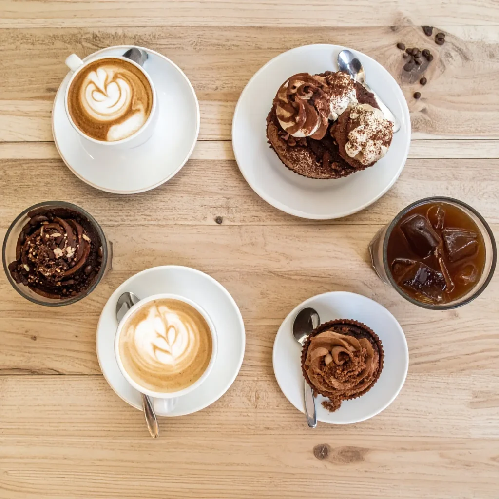 Coffee-flavored cupcakes, tiramisu, and iced coffee drinks on a light wooden table with cozy warm lighting.