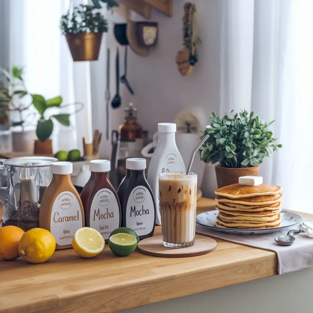 Bottles of iced coffee syrups and sauces with a glass of iced coffee and pancakes on a kitchen counter.