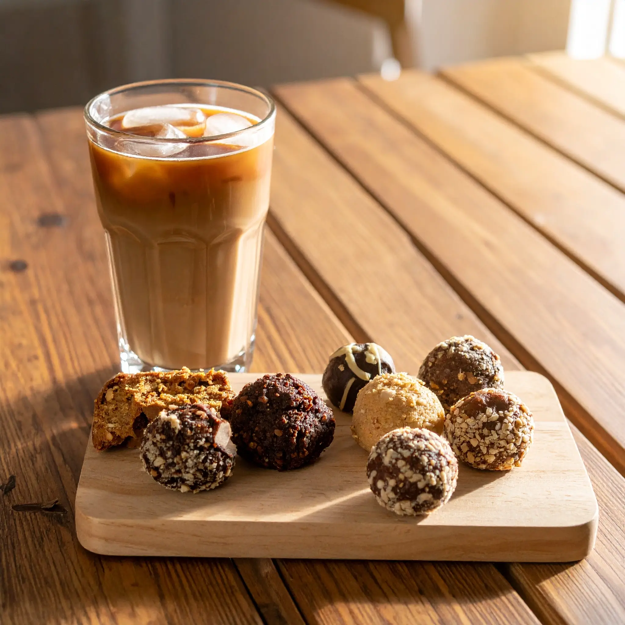 Small coffee-flavored snacks like biscotti, energy bites, and mini cakes next to a glass of iced coffee on a wooden table.