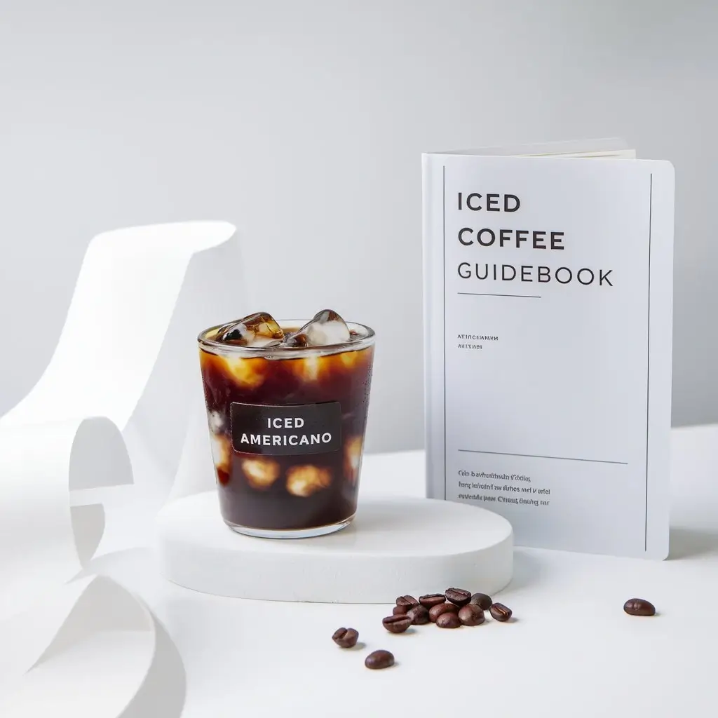 A glass of Iced Americano with ice cubes, dark rich coffee pour, coffee beans, and a guidebook on a clean, minimalist surface.