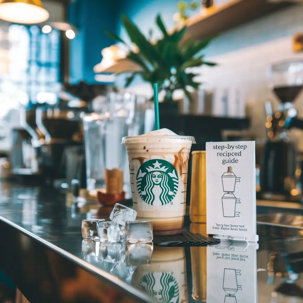 Starbucks-style Iced Americano with recipe guide, espresso shots, and ice cubes, clean coffee shop vibe.